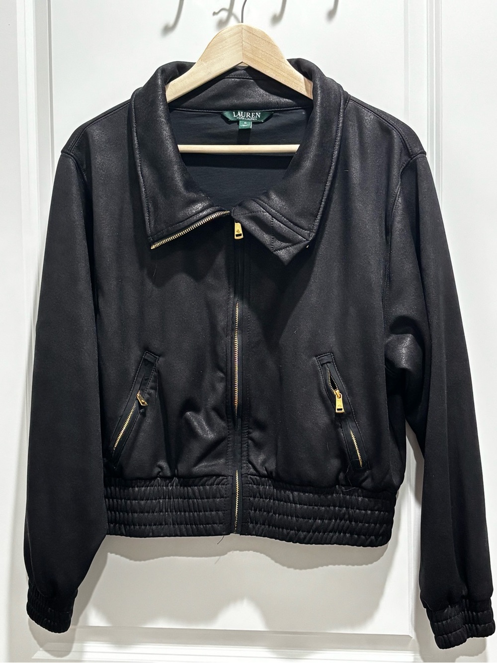 Lauren Ralph Lauren Black Bomber Jacket with Gold Zippers